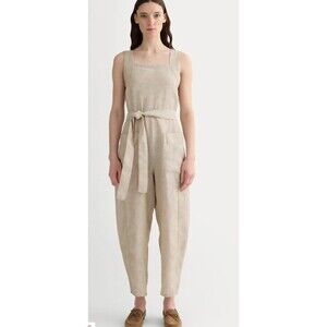 Everlane Linen Jumpsuit Size 14 Beige Belted Square Neck Button Sides Sleeveless